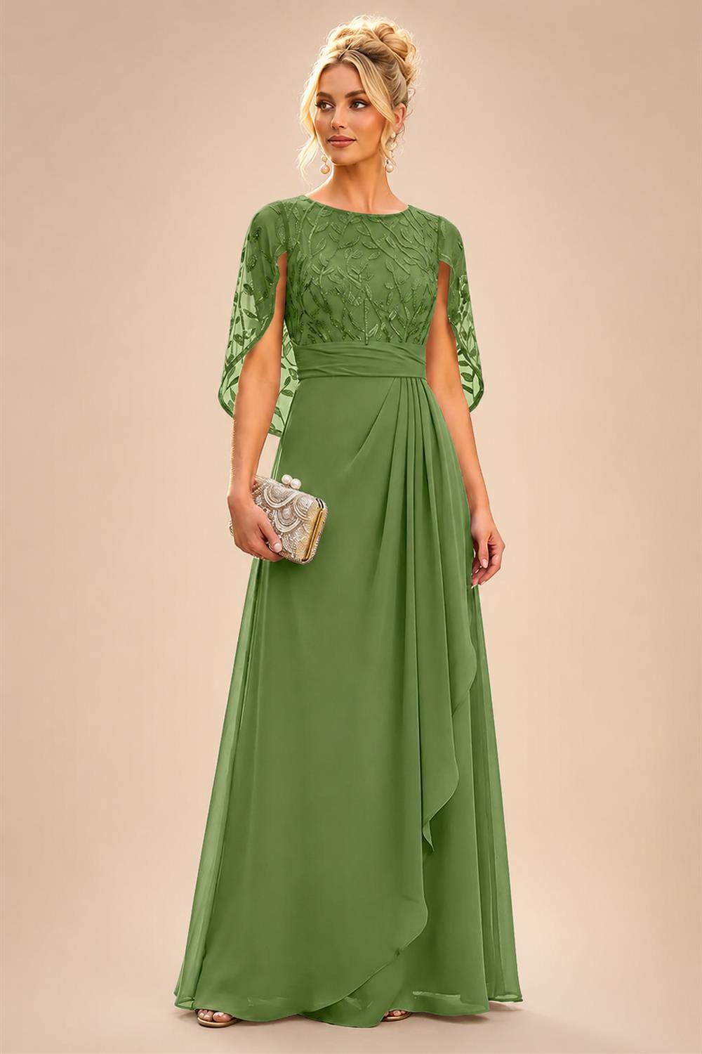 A-Line Chiffon Cape Sleeves Floor-Length Mother of the Bride & Groom Dresses with Floral Sequin Bodice (SHI22500691)
