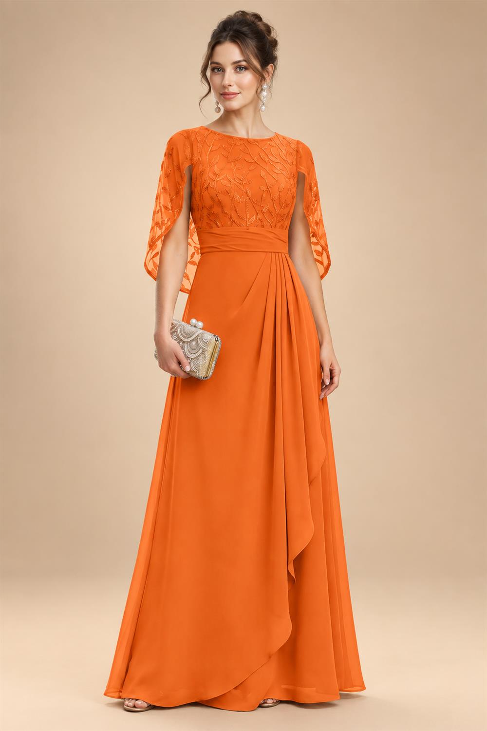 A-Line Chiffon Cape Sleeves Floor-Length Mother of the Bride & Groom Dresses with Floral Sequin Bodice (SHI22500691)