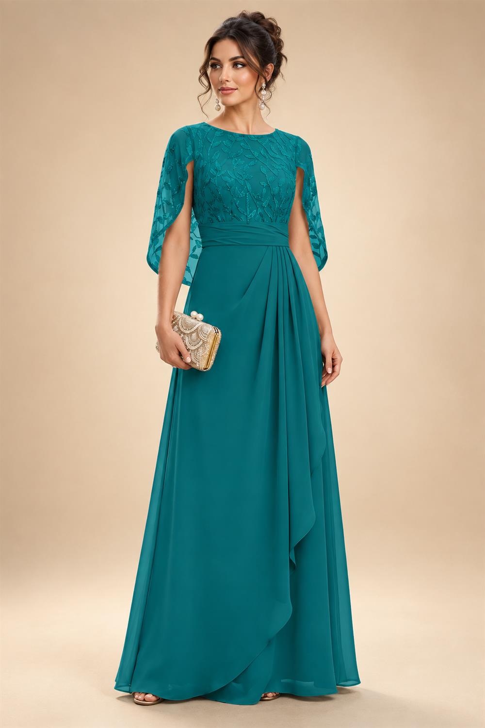 A-Line Chiffon Cape Sleeves Floor-Length Mother of the Bride & Groom Dresses with Floral Sequin Bodice (SHI22500691)
