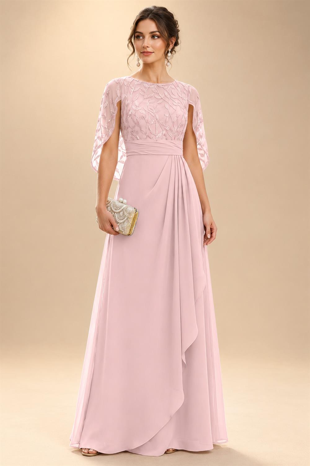 A-Line Chiffon Cape Sleeves Floor-Length Mother of the Bride & Groom Dresses with Floral Sequin Bodice (SHI22500691)