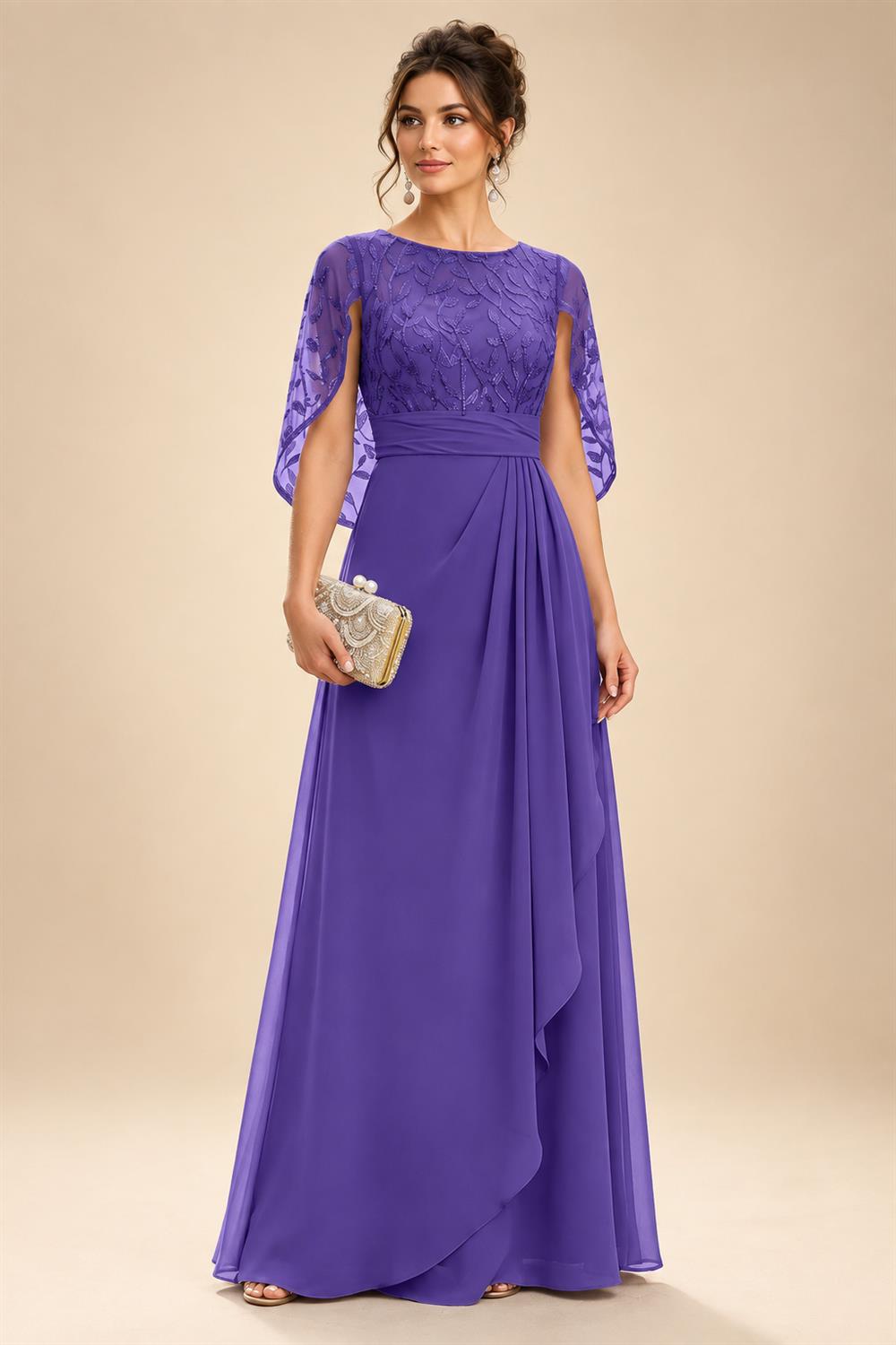 A-Line Chiffon Cape Sleeves Floor-Length Mother of the Bride & Groom Dresses with Floral Sequin Bodice (SHI22500691)