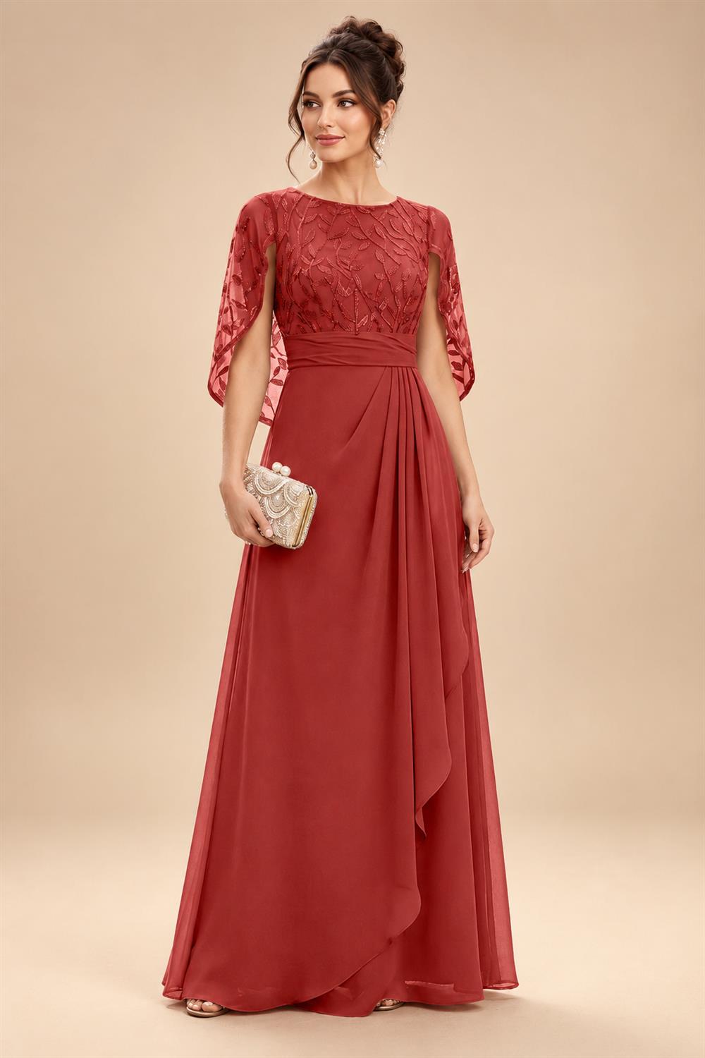 A-Line Chiffon Cape Sleeves Floor-Length Mother of the Bride & Groom Dresses with Floral Sequin Bodice (SHI22500691)
