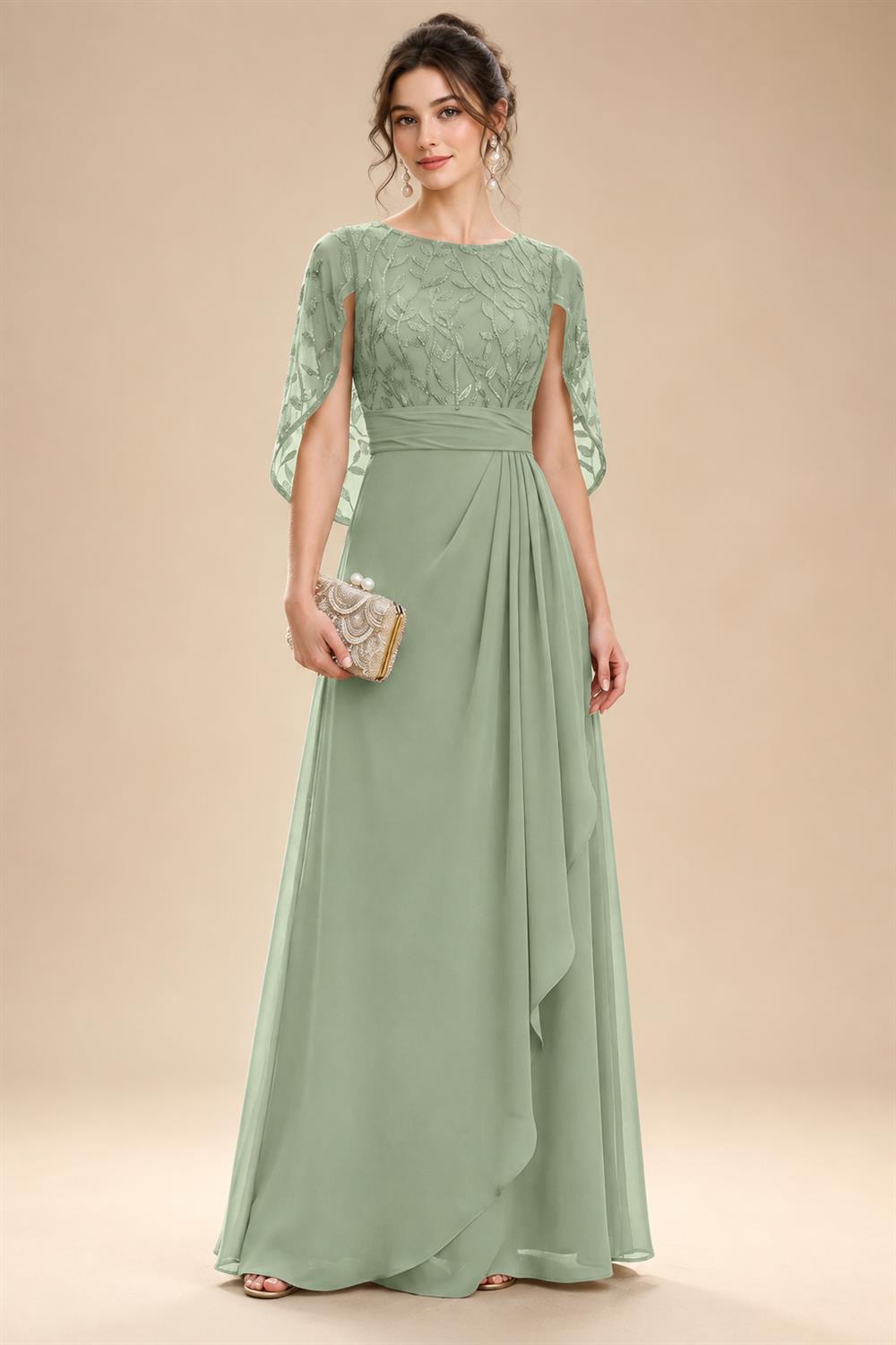 A-Line Chiffon Cape Sleeves Floor-Length Mother of the Bride & Groom Dresses with Floral Sequin Bodice (SHI22500691)