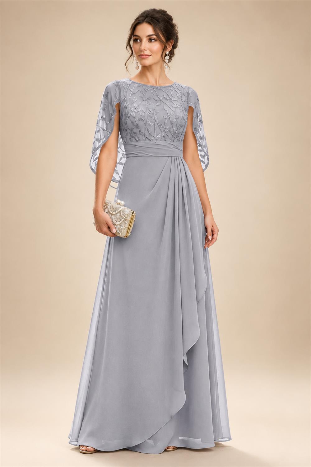 A-Line Chiffon Cape Sleeves Floor-Length Mother of the Bride & Groom Dresses with Floral Sequin Bodice (SHI22500691)