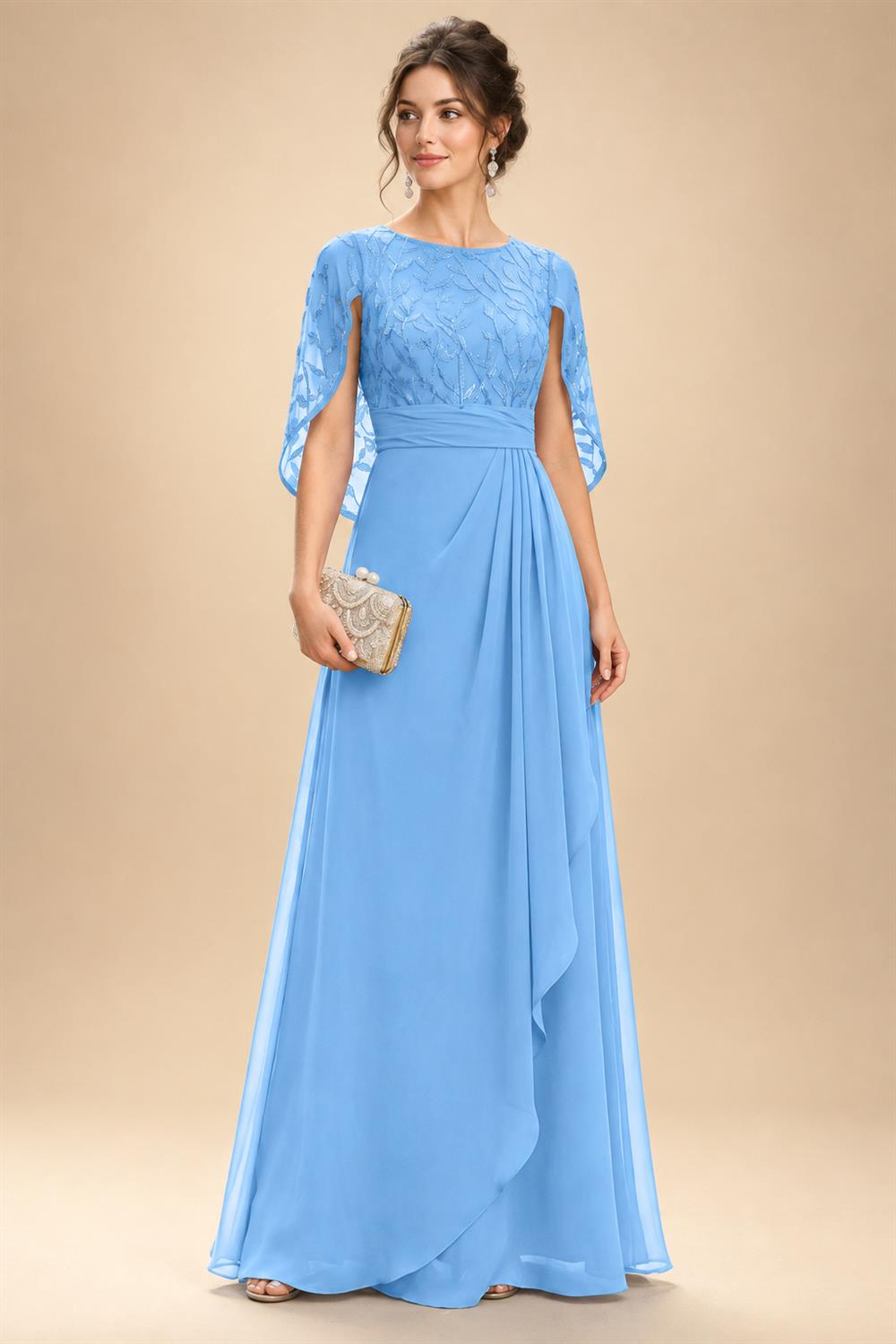 A-Line Chiffon Cape Sleeves Floor-Length Mother of the Bride & Groom Dresses with Floral Sequin Bodice (SHI22500691)