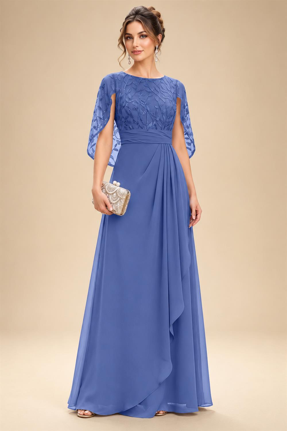 A-Line Chiffon Cape Sleeves Floor-Length Mother of the Bride & Groom Dresses with Floral Sequin Bodice (SHI22500691)