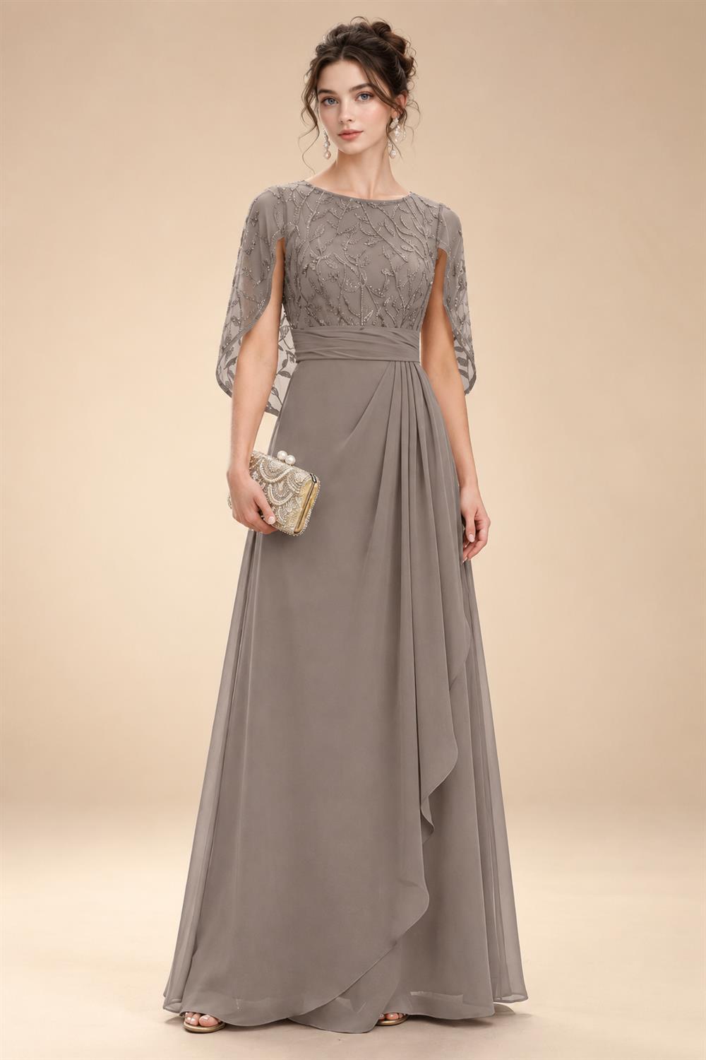 A-Line Chiffon Cape Sleeves Floor-Length Mother of the Bride & Groom Dresses with Floral Sequin Bodice (SHI22500691)