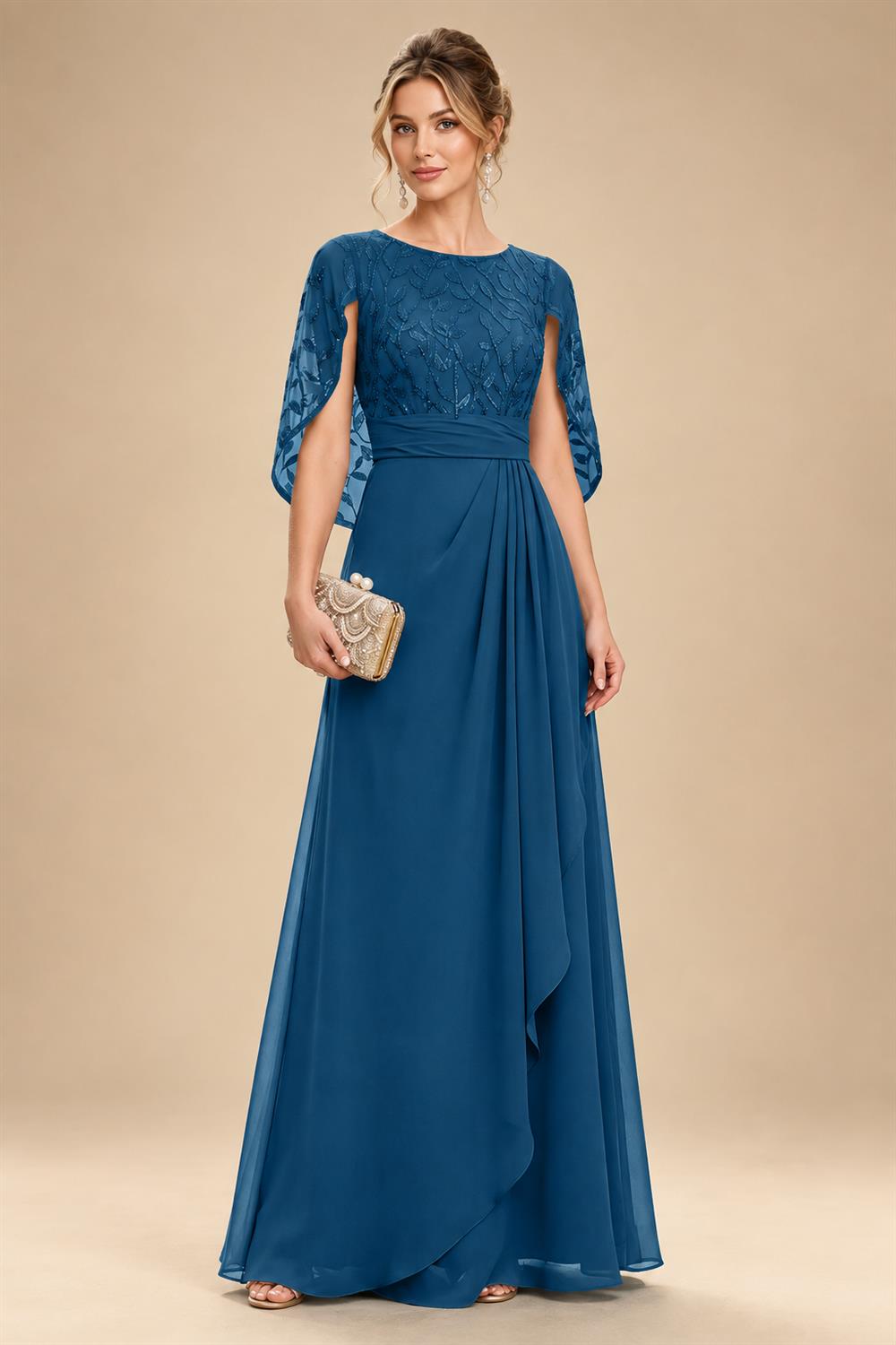 A-Line Chiffon Cape Sleeves Floor-Length Mother of the Bride & Groom Dresses with Floral Sequin Bodice (SHI22500691)