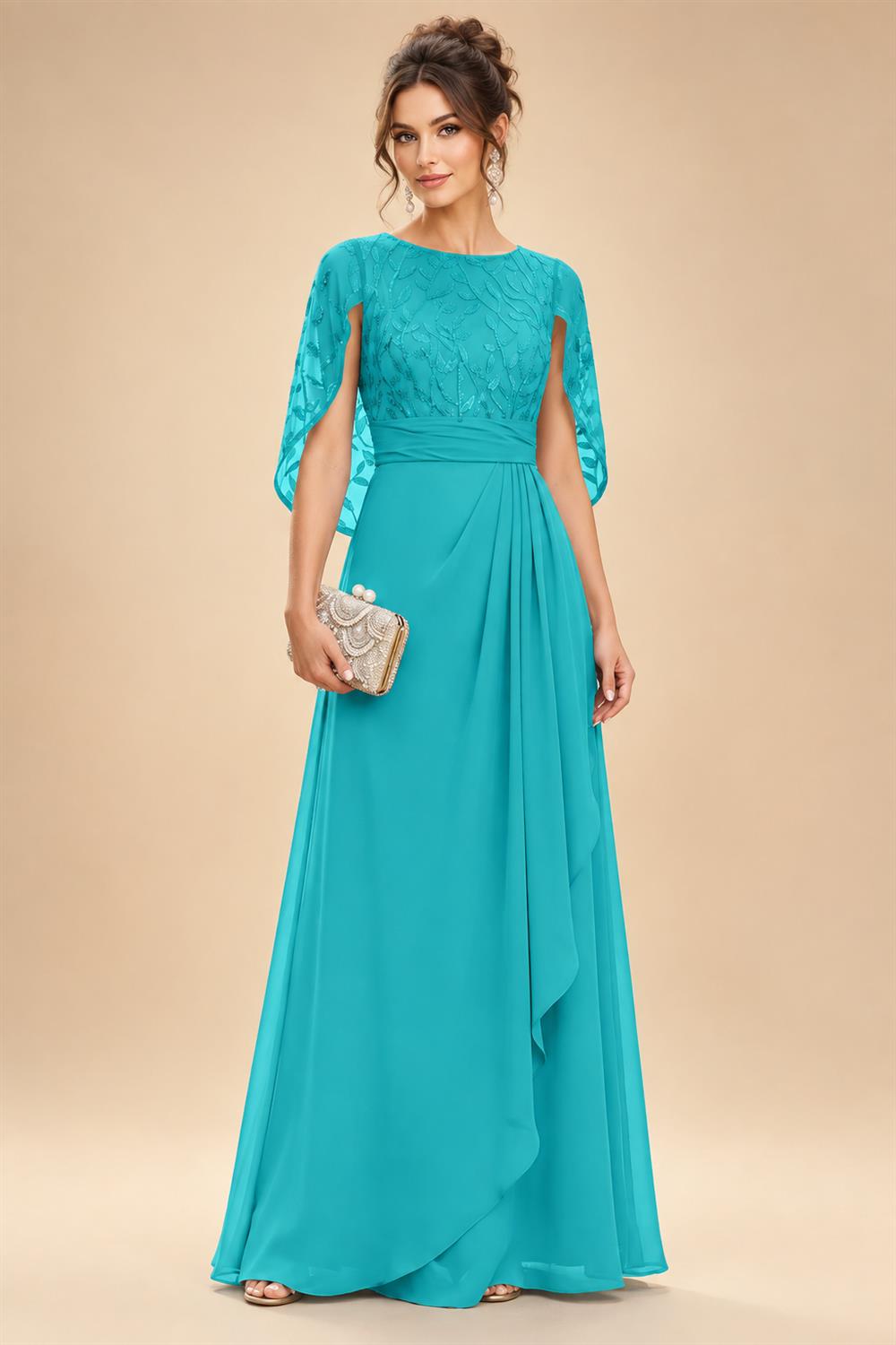 A-Line Chiffon Cape Sleeves Floor-Length Mother of the Bride & Groom Dresses with Floral Sequin Bodice (SHI22500691)