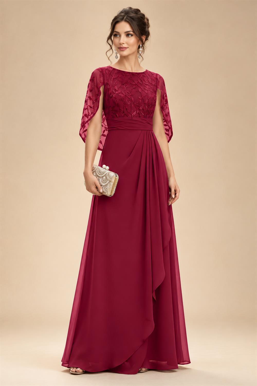 A-Line Chiffon Cape Sleeves Floor-Length Mother of the Bride & Groom Dresses with Floral Sequin Bodice (SHI22500691)
