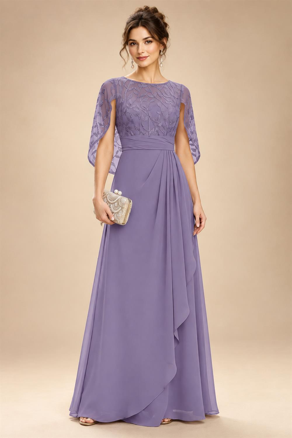 A-Line Chiffon Cape Sleeves Floor-Length Mother of the Bride & Groom Dresses with Floral Sequin Bodice (SHI22500691)