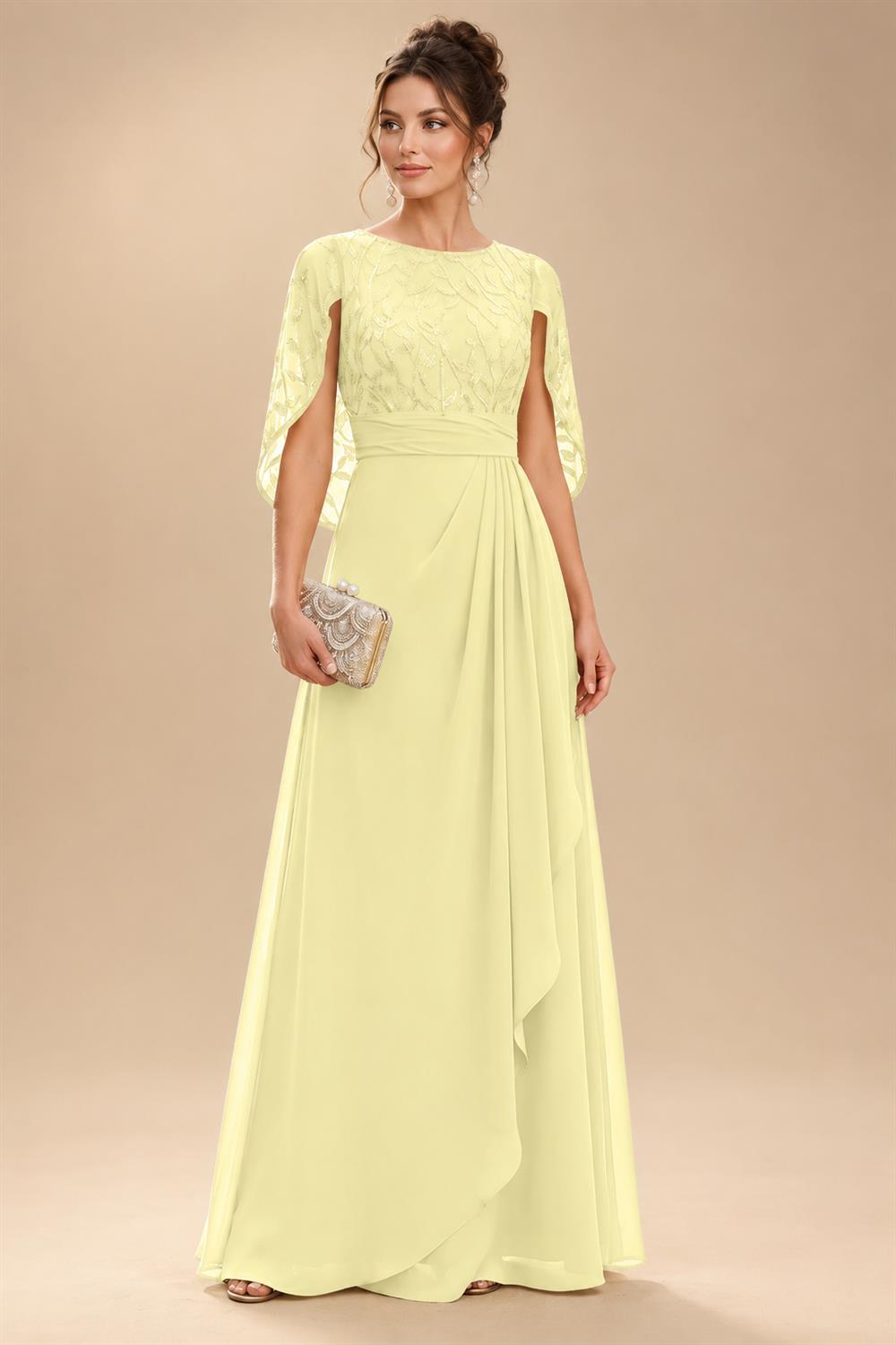 A-Line Chiffon Cape Sleeves Floor-Length Mother of the Bride & Groom Dresses with Floral Sequin Bodice (SHI22500691)