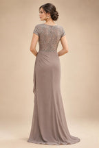 A Line/Princess Stand Collar Short Sleeve Long Elegant Mother of the Bride Dresses (SHI22500207)