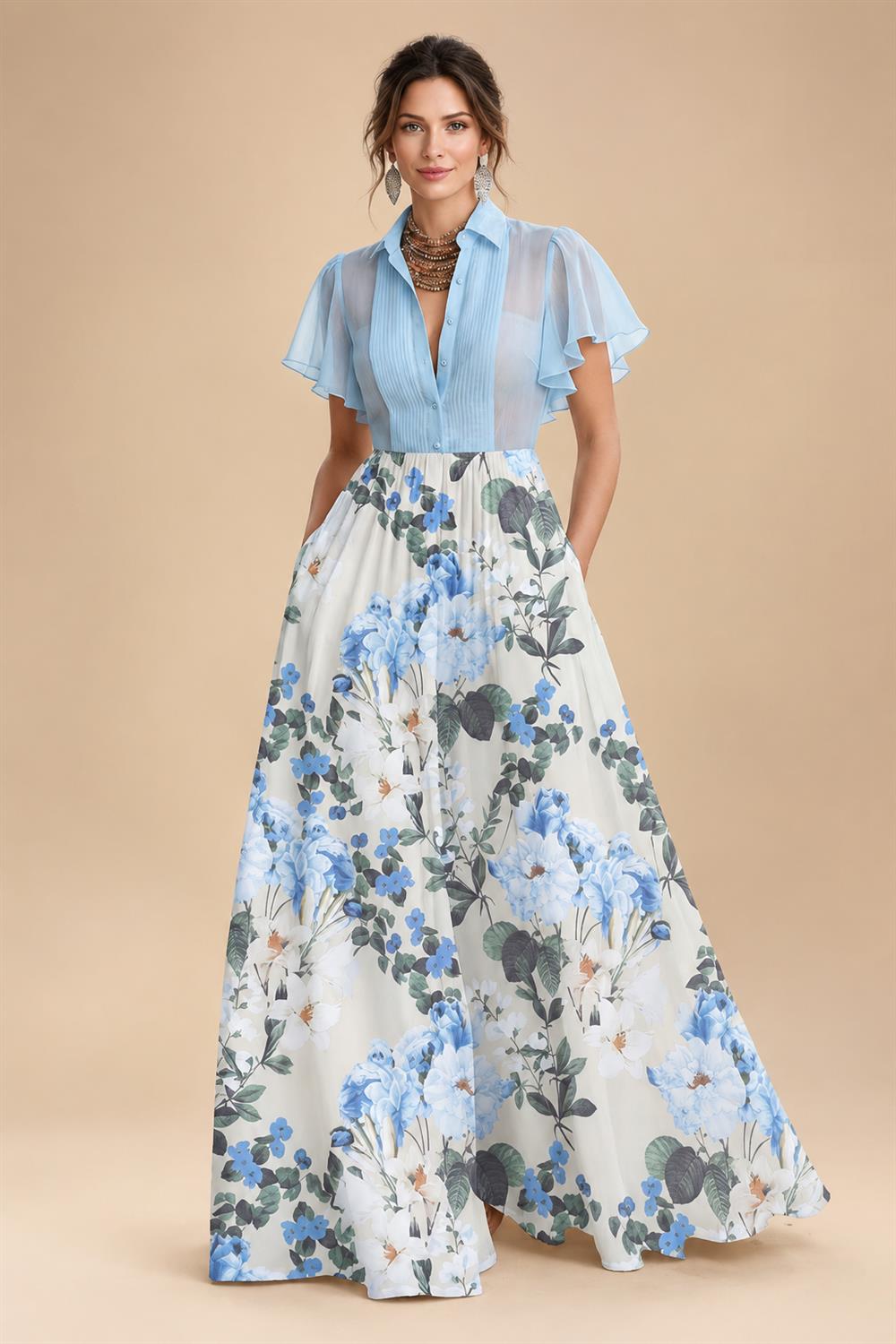 A-Line Chiffon Cape Sleeves Floor-Length Mother of the Bride & Groom Dresses with Floral Sequin Bodice (SHI22500691)