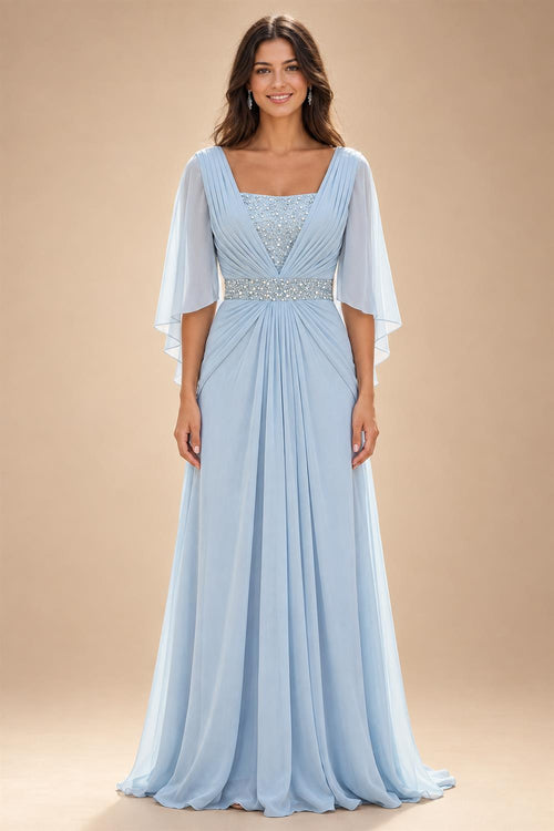 A-Line Chiffon Pleated Long Mother of the Bride & Groom Dresses with 3/4 Flutter Sleeves & Sequin Waist (SHI22500702)