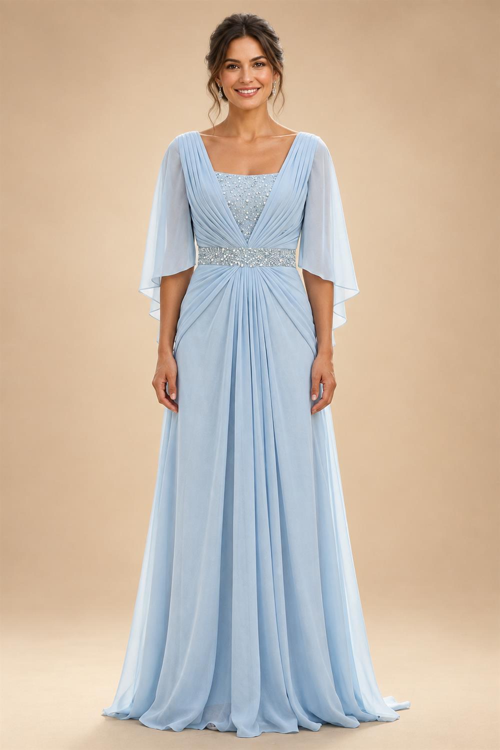 Sheath Chiffon Cape Sleeves Maxi Mother of the Bride & Groom Dresses with Ruched Waist (SHI22500727)