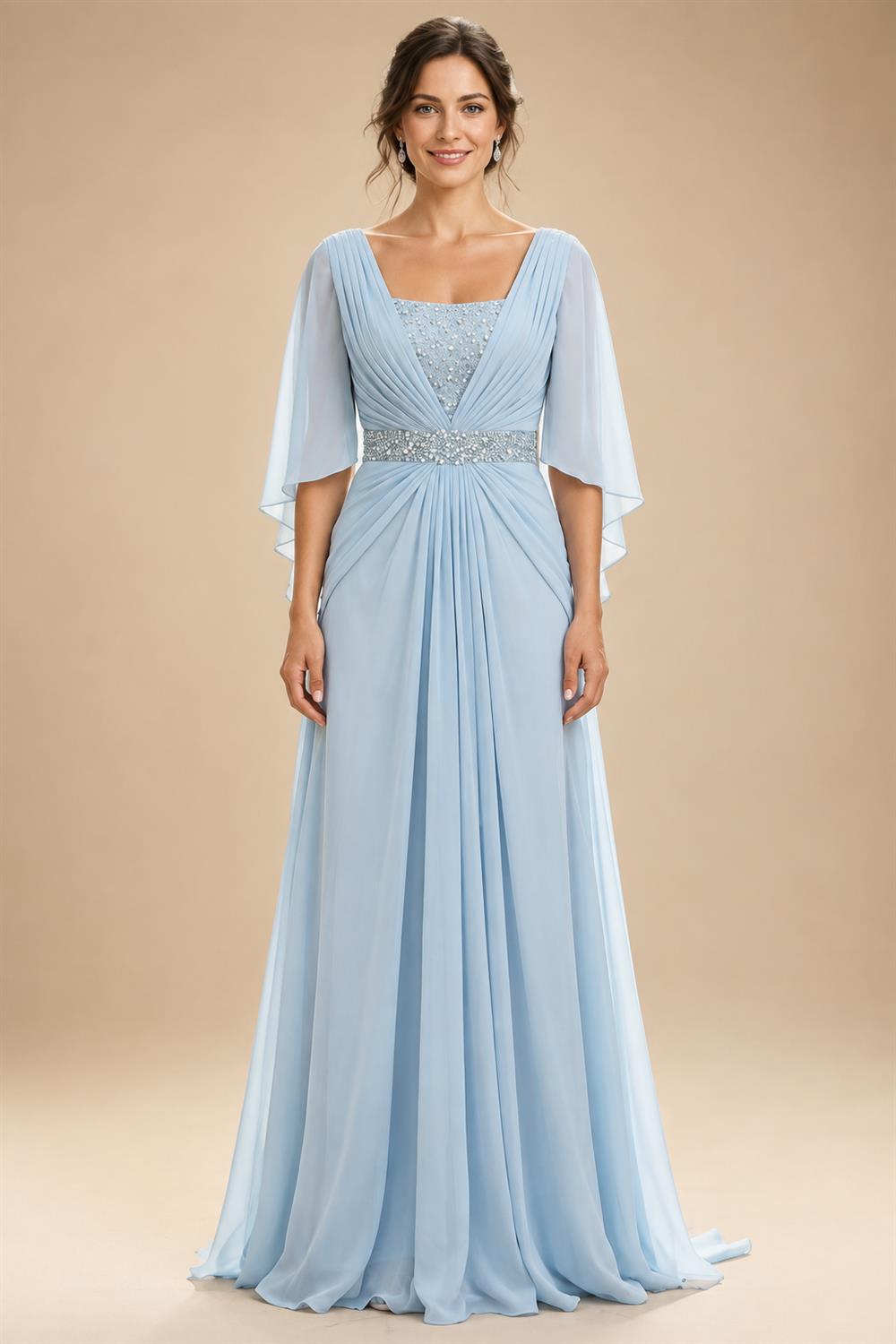 Sheath Chiffon Cape Sleeves Maxi Mother of the Bride & Groom Dresses with Ruched Waist (SHI22500727)