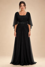 A-Line Chiffon Pleated Long Mother of the Bride & Groom Dresses with 3/4 Flutter Sleeves & Sequin Waist (SHI22500702)