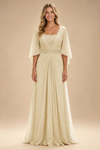 A-Line Chiffon Pleated Long Mother of the Bride & Groom Dresses with 3/4 Flutter Sleeves & Sequin Waist (SHI22500702)