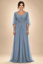 A-Line Chiffon Pleated Long Mother of the Bride & Groom Dresses with 3/4 Flutter Sleeves & Sequin Waist (SHI22500702)