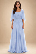 A-Line Chiffon Pleated Long Mother of the Bride & Groom Dresses with 3/4 Flutter Sleeves & Sequin Waist (SHI22500702)