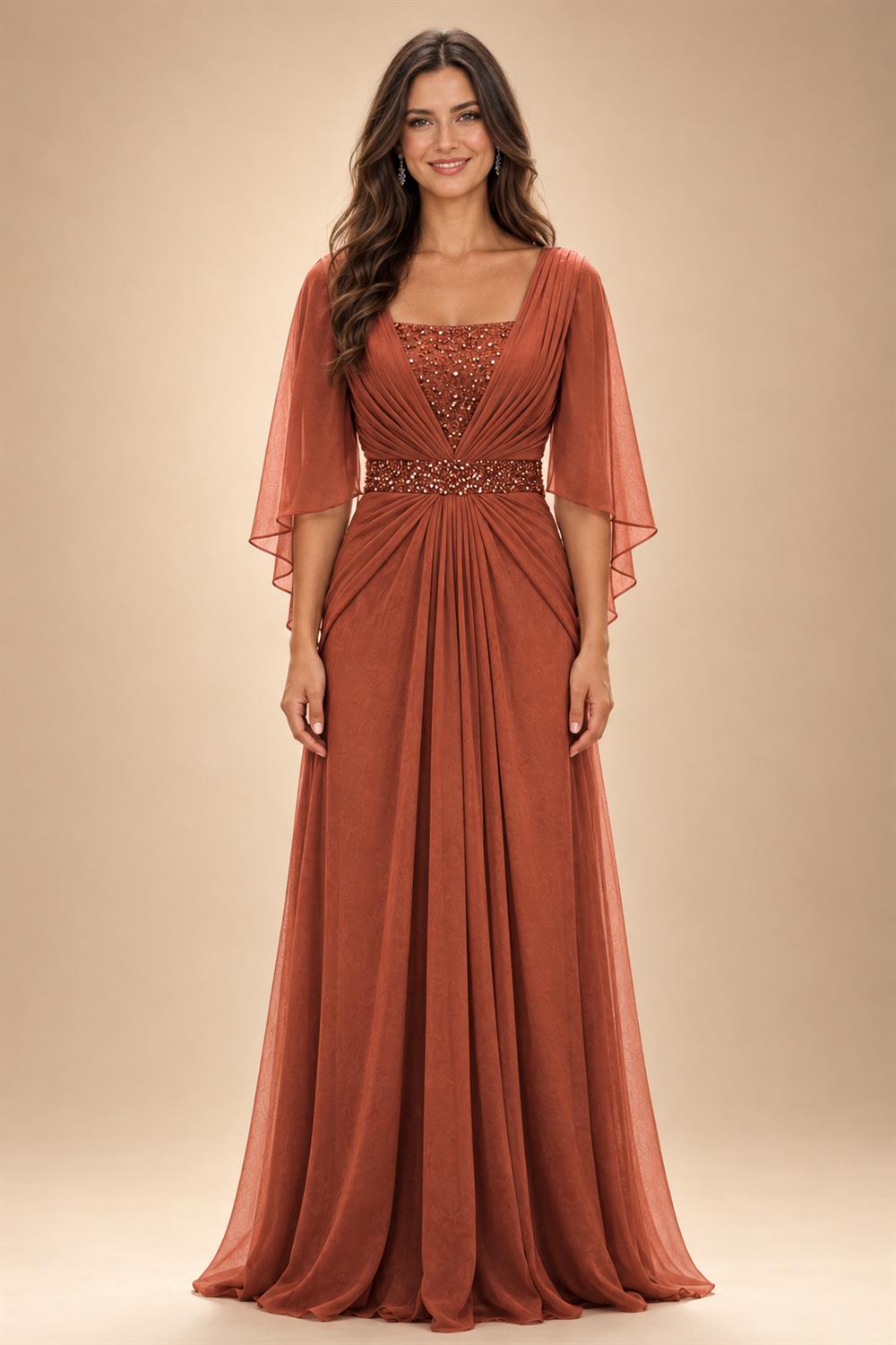 A-Line Chiffon Pleated Long Mother of the Bride & Groom Dresses with 3/4 Flutter Sleeves & Sequin Waist (SHI22500702)