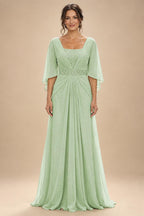 A-Line Chiffon Pleated Long Mother of the Bride & Groom Dresses with 3/4 Flutter Sleeves & Sequin Waist (SHI22500702)