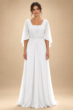 A-Line Chiffon Pleated Long Mother of the Bride & Groom Dresses with 3/4 Flutter Sleeves & Sequin Waist (SHI22500702)
