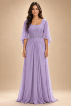 A-Line Chiffon Pleated Long Mother of the Bride & Groom Dresses with 3/4 Flutter Sleeves & Sequin Waist (SHI22500702)