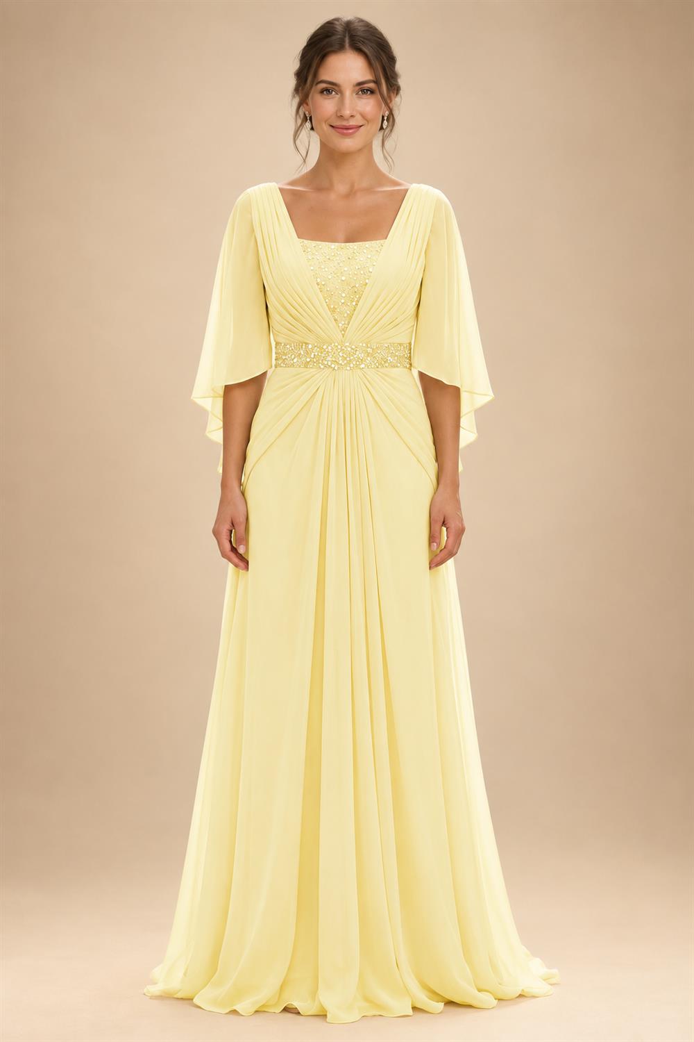 A-Line Chiffon Pleated Long Mother of the Bride & Groom Dresses with 3/4 Flutter Sleeves & Sequin Waist (SHI22500702)