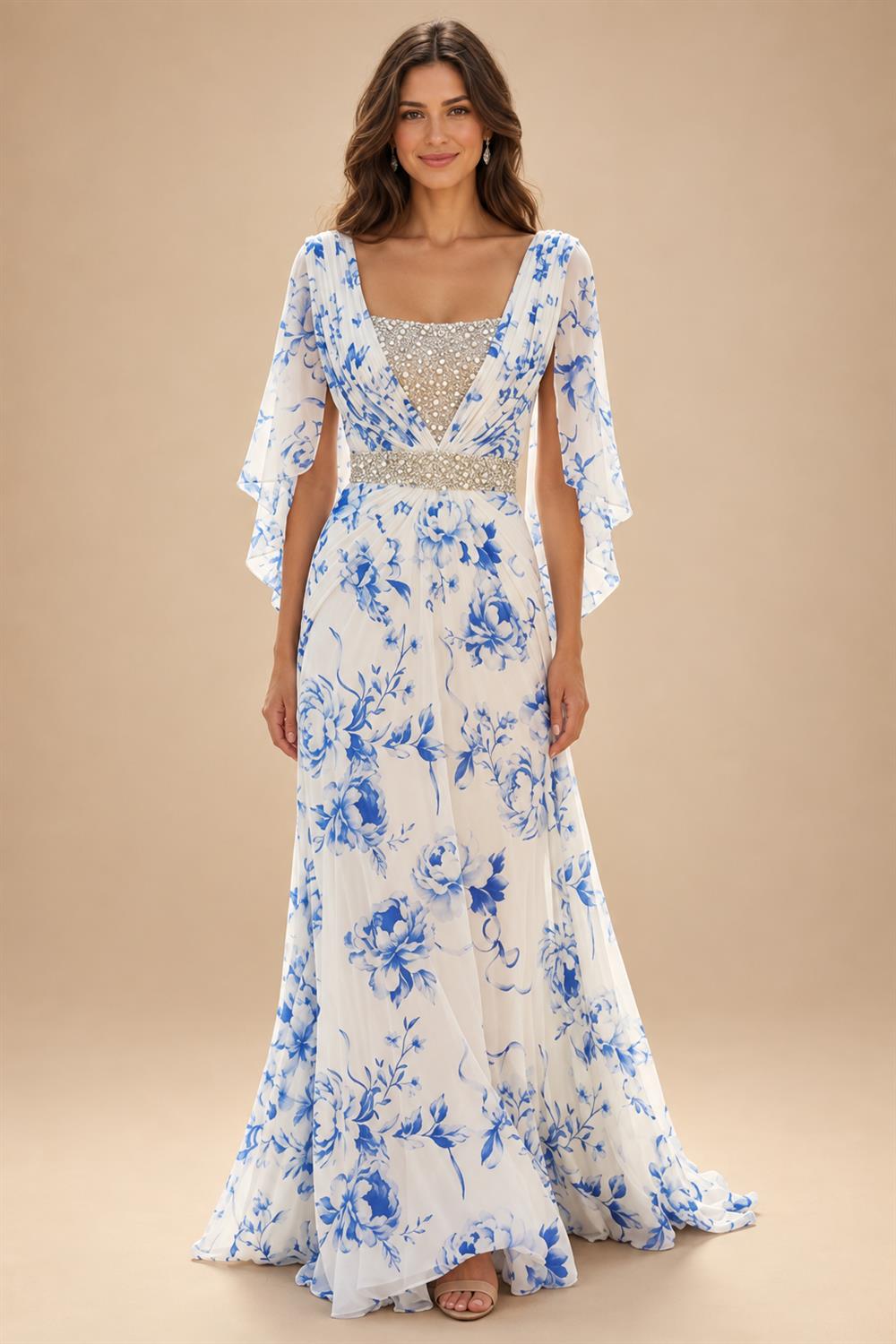 A-Line Chiffon Cape Sleeves Floor-Length Mother of the Bride & Groom Dresses with Ruched Waist (SHI22500705)