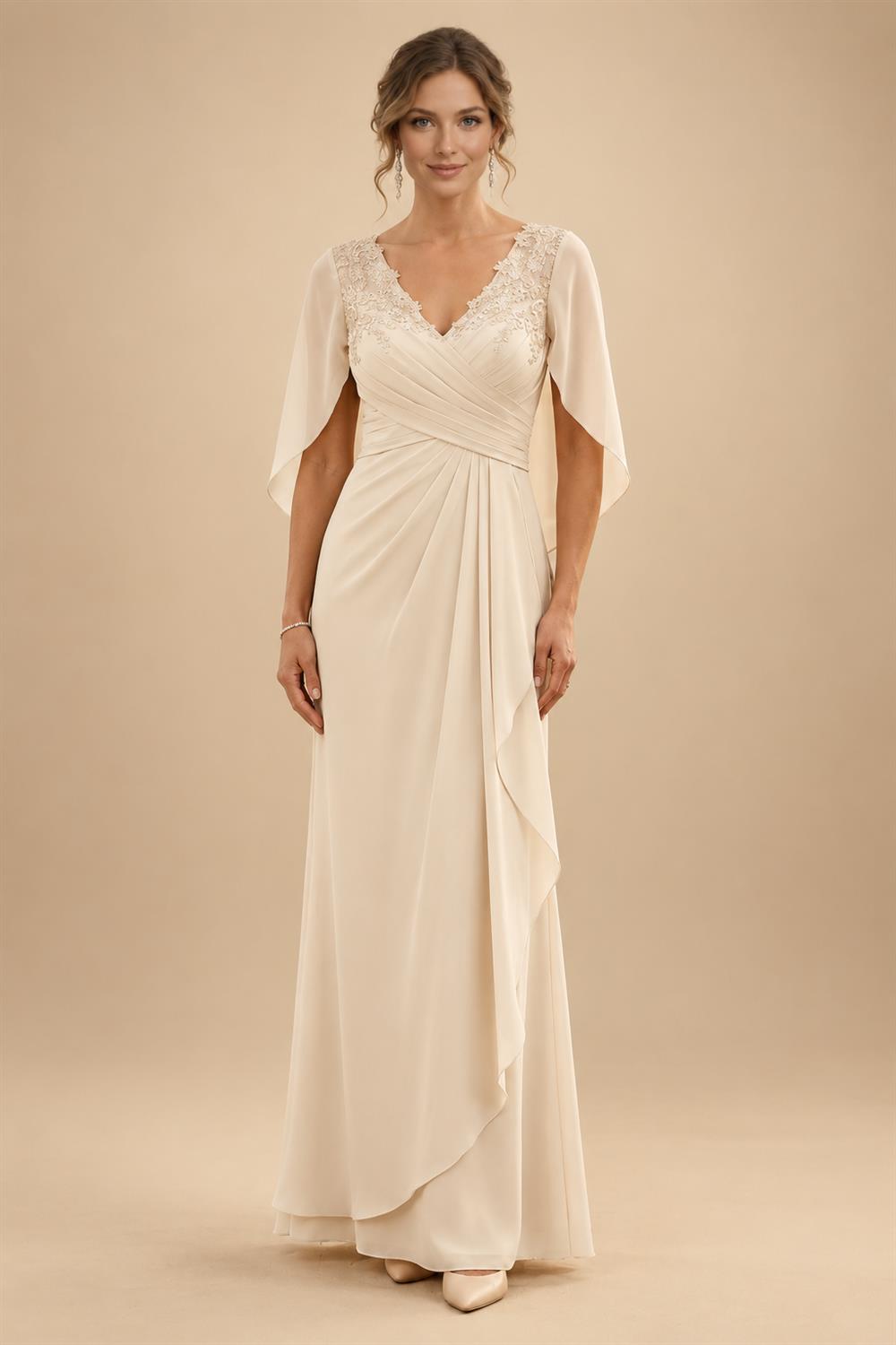 Cape Sleeve Jacquard Satin Ruched Mother of the Bride Dresses (SHI22500526)