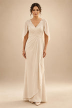 Sheath/Column Scoop Neck Chiffon Maxi Mother of the Bride & Groom Dresses with Lace Appliques, Sweep Train & Ruched Waist (SHI22501642)