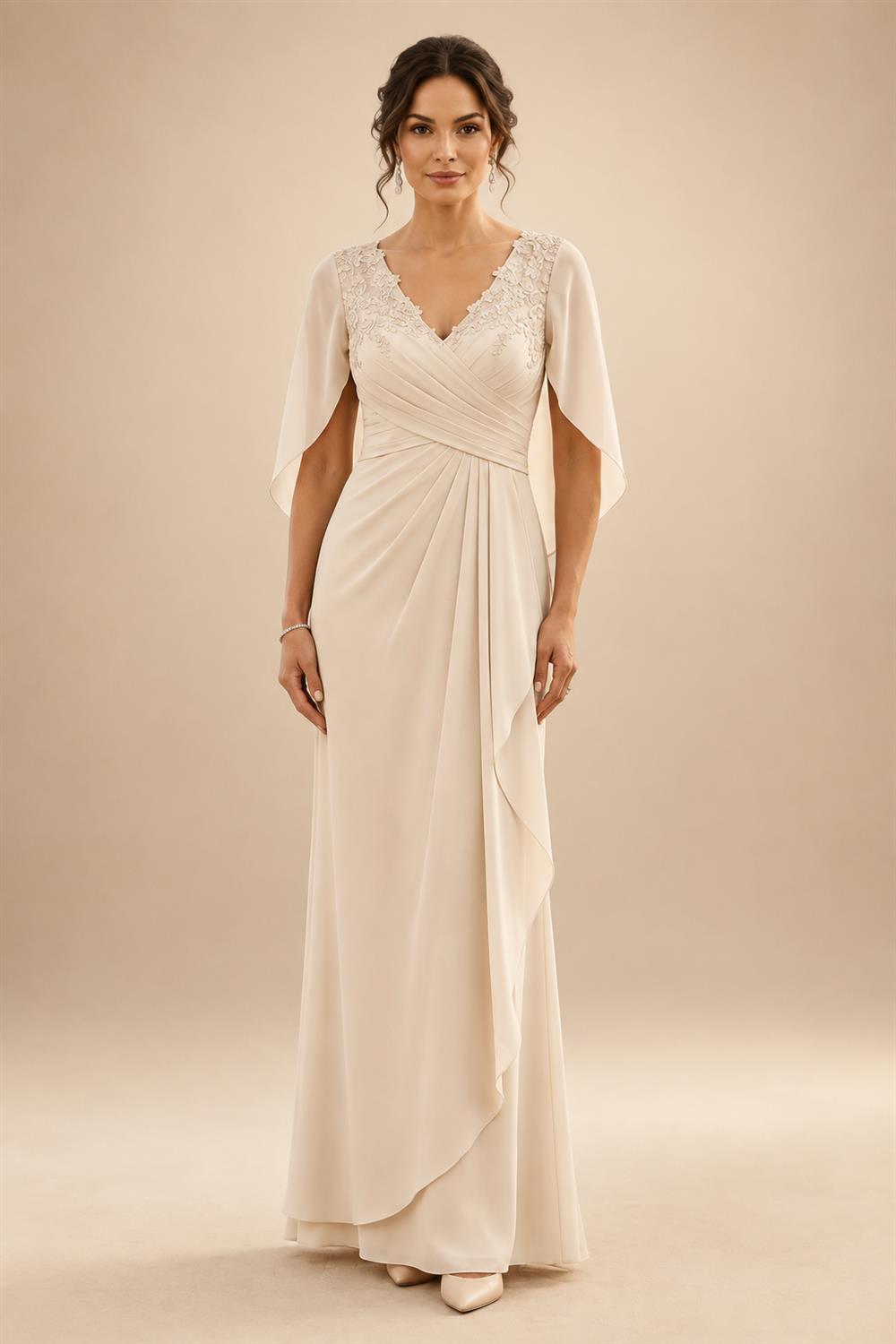 Sheath/Column Scoop Neck Chiffon Maxi Mother of the Bride & Groom Dresses with Lace Appliques, Sweep Train & Ruched Waist (SHI22501642)