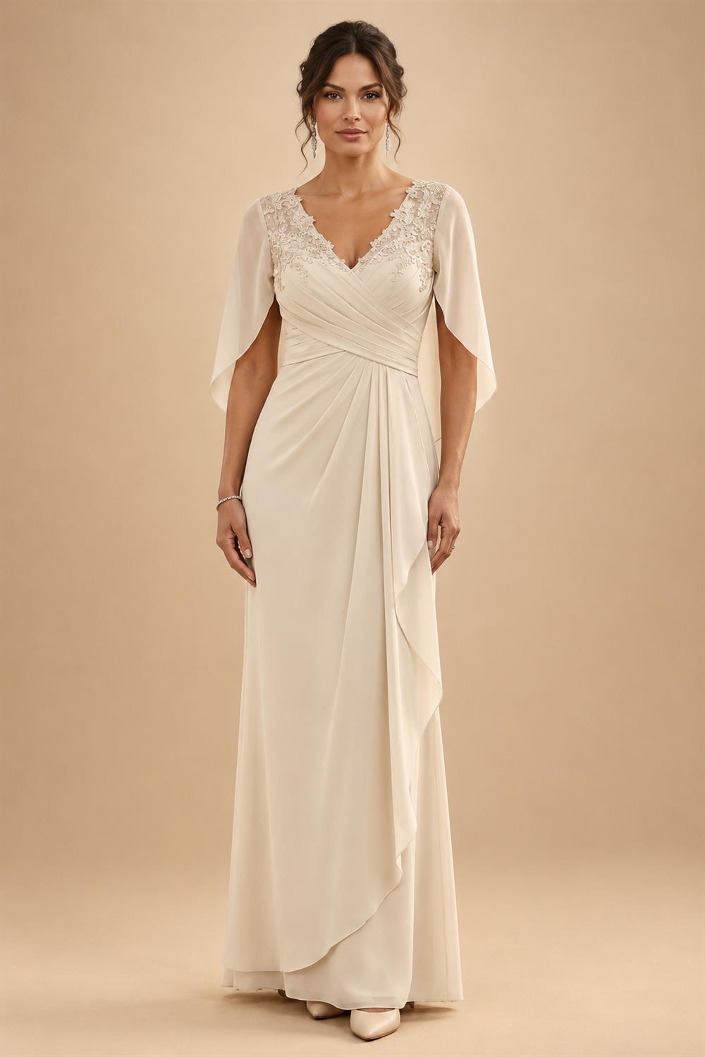 A-Line Chiffon Cape Sleeves Floor-Length Mother of the Bride & Groom Dresses with Ruched Waist (SHI22500705)