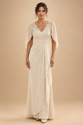 A-Line Chiffon Cape Sleeves Floor-Length Mother of the Bride & Groom Dresses with Ruched Waist (SHI22500705)