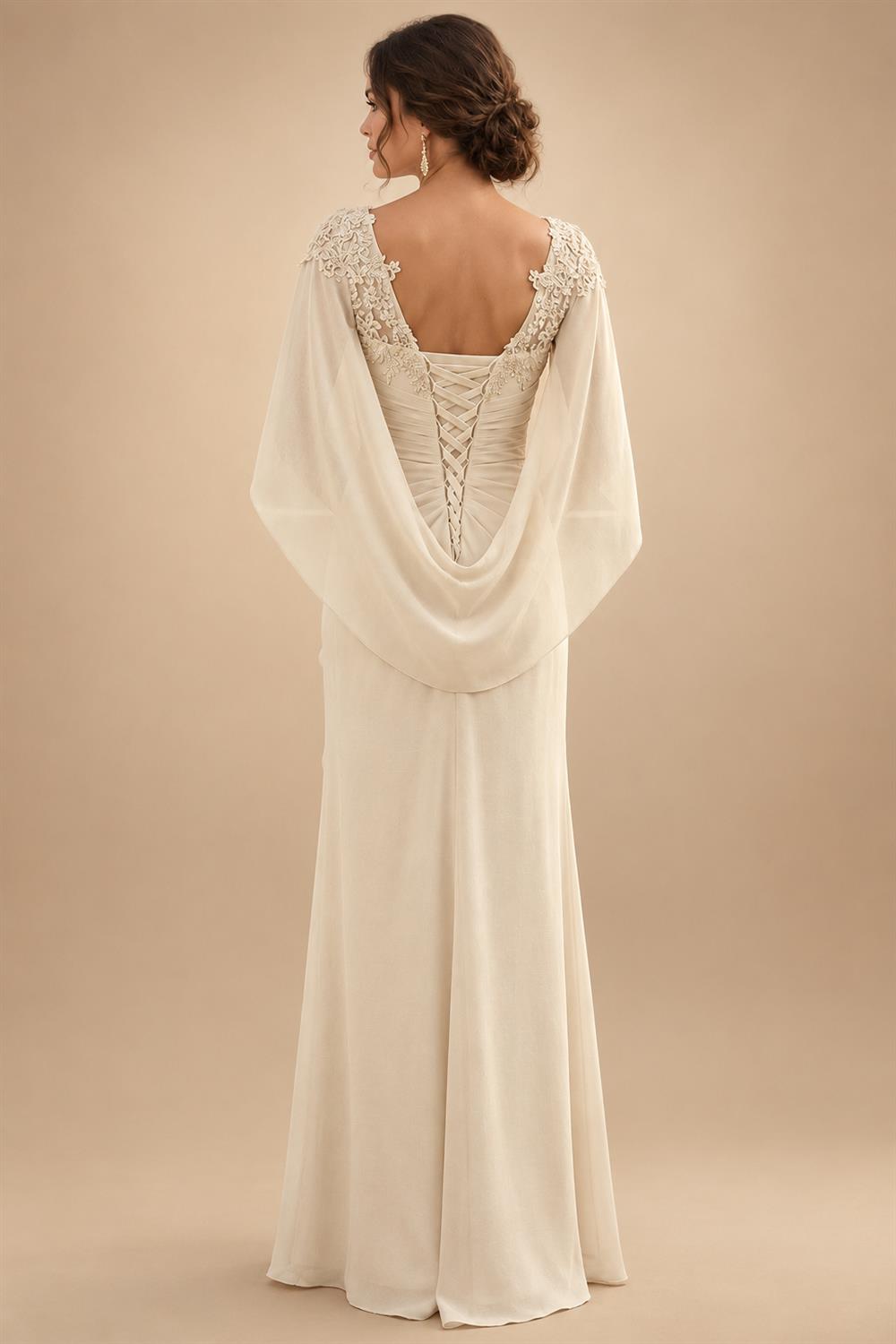 A-Line Chiffon Cape Sleeves Floor-Length Mother of the Bride & Groom Dresses with Ruched Waist (SHI22500705)