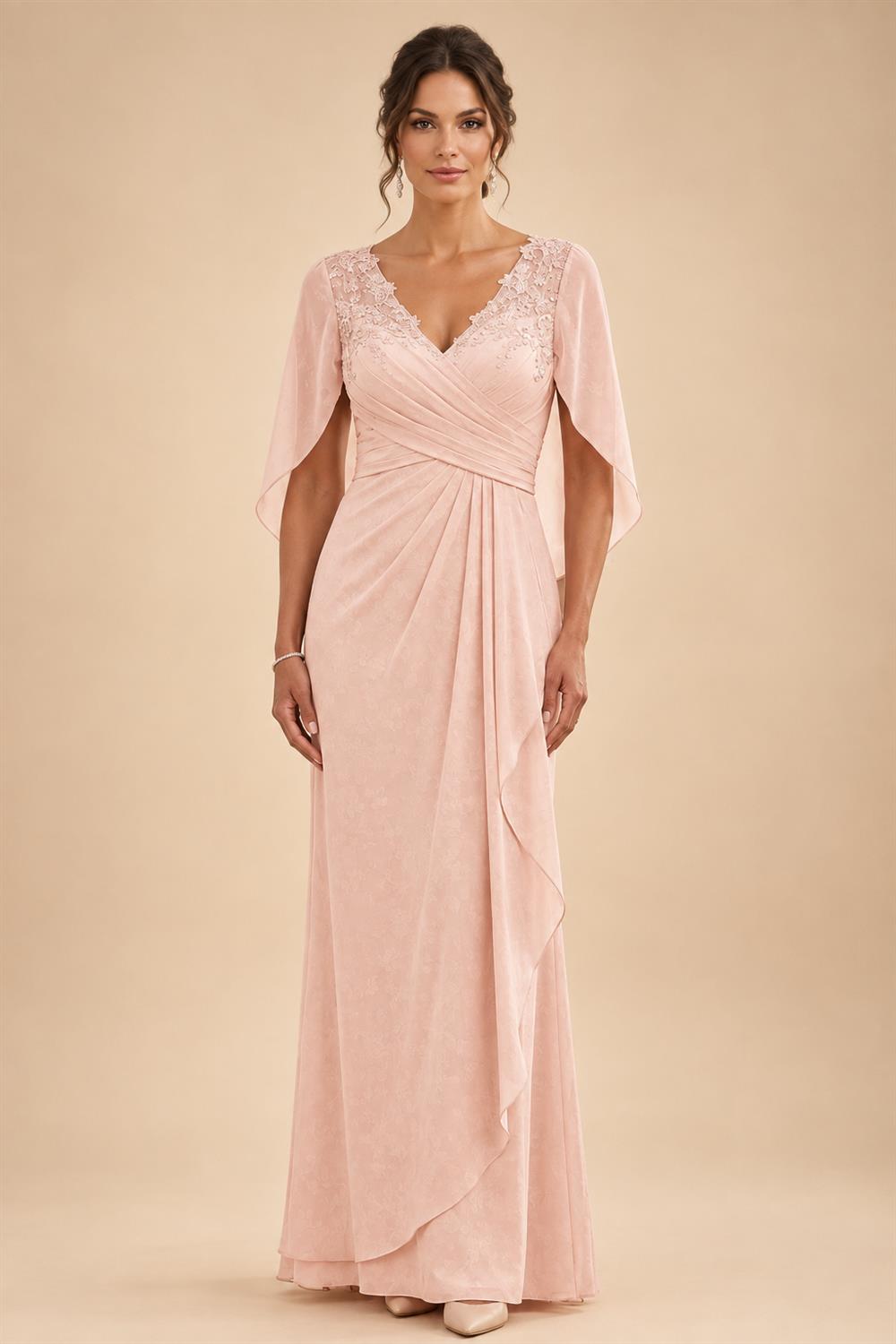 A-Line Chiffon Cape Sleeves Floor-Length Mother of the Bride & Groom Dresses with Ruched Waist (SHI22500705)