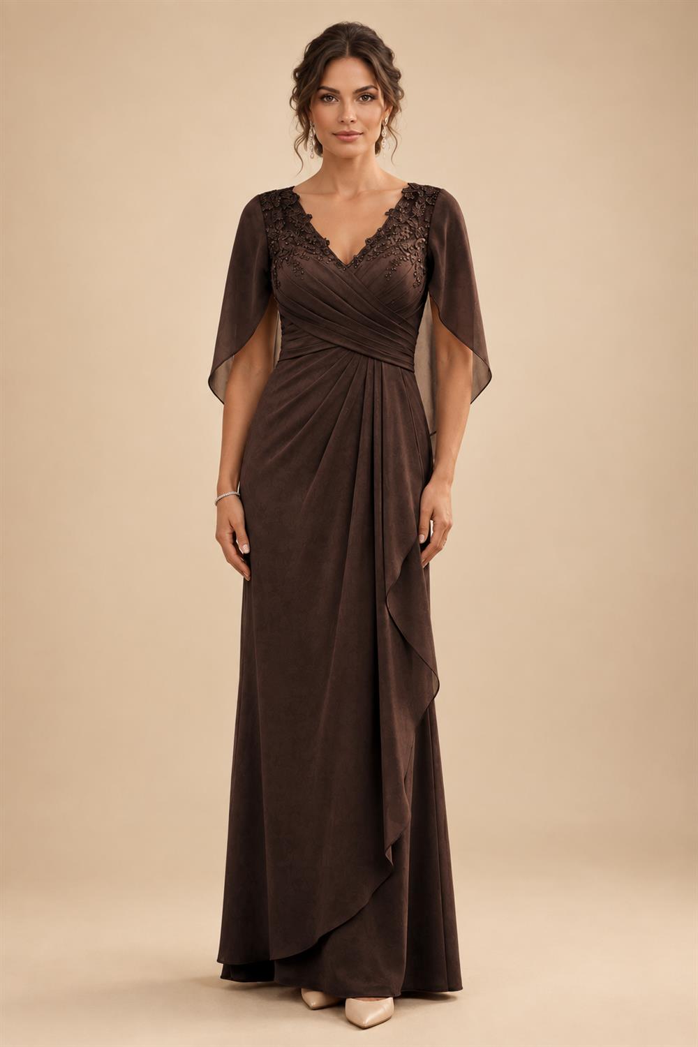 A-Line Chiffon Cape Sleeves Floor-Length Mother of the Bride & Groom Dresses with Ruched Waist (SHI22500705)
