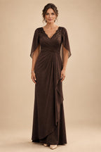 A-Line Chiffon Cape Sleeves Floor-Length Mother of the Bride & Groom Dresses with Ruched Waist (SHI22500705)