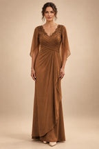 A-Line Chiffon Cape Sleeves Floor-Length Mother of the Bride & Groom Dresses with Ruched Waist (SHI22500705)
