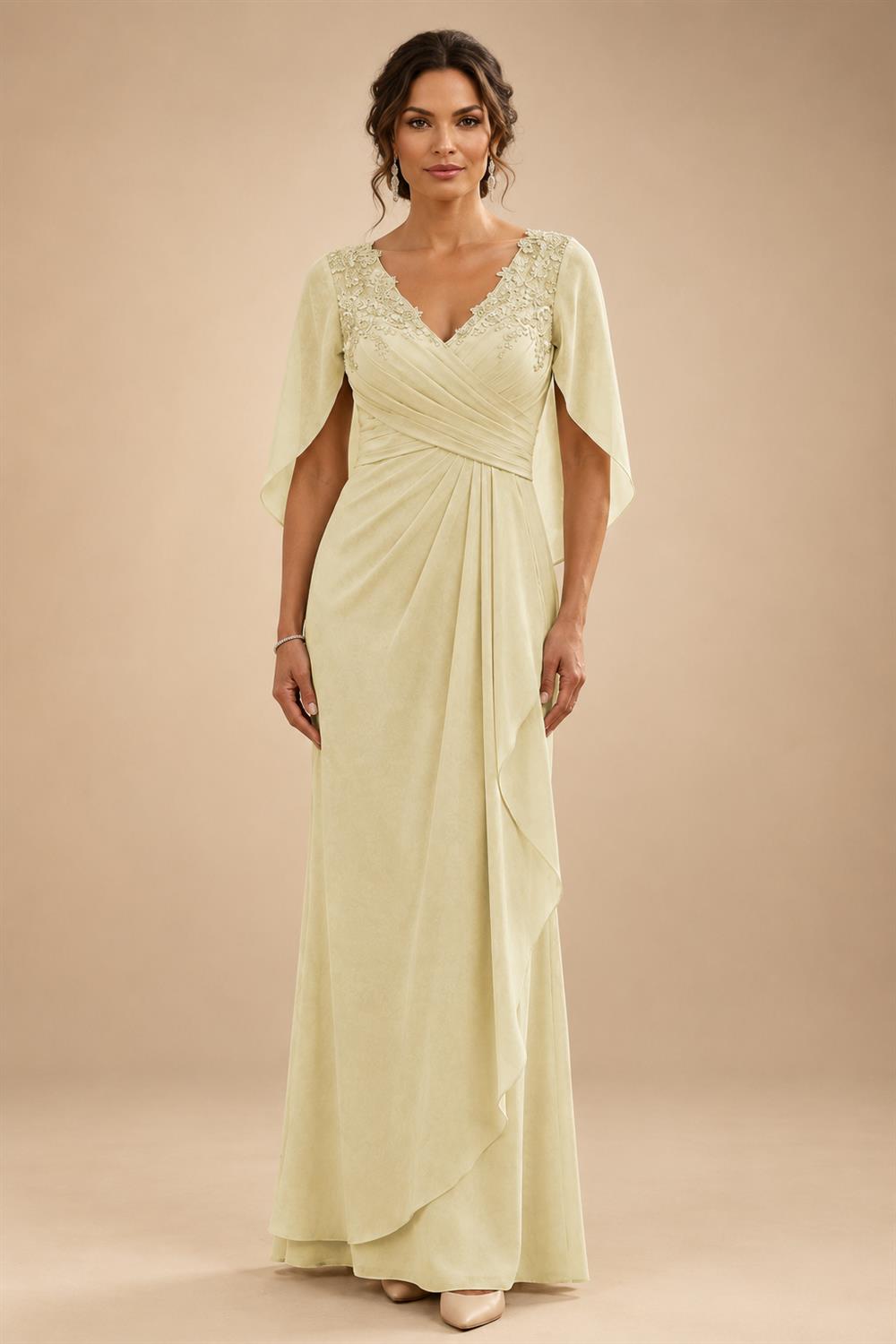A-Line Chiffon Cape Sleeves Floor-Length Mother of the Bride & Groom Dresses with Ruched Waist (SHI22500705)