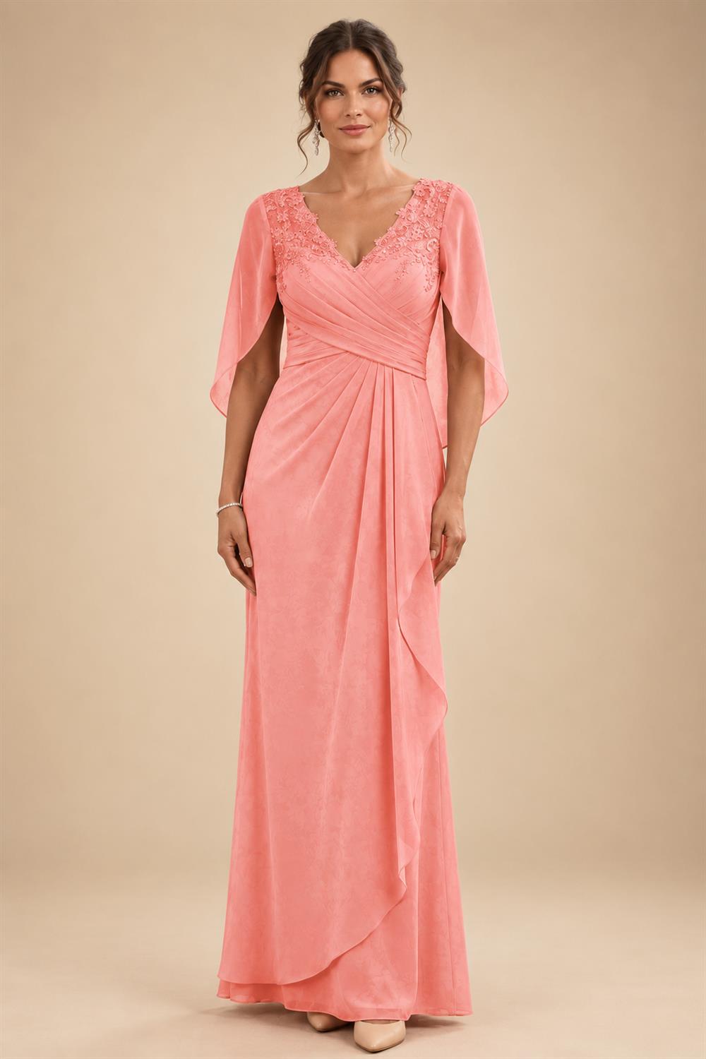 A-Line Chiffon Cape Sleeves Floor-Length Mother of the Bride & Groom Dresses with Ruched Waist (SHI22500705)