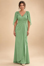 A-Line Chiffon Cape Sleeves Floor-Length Mother of the Bride & Groom Dresses with Ruched Waist (SHI22500705)