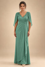 A-Line Chiffon Cape Sleeves Floor-Length Mother of the Bride & Groom Dresses with Ruched Waist (SHI22500705)