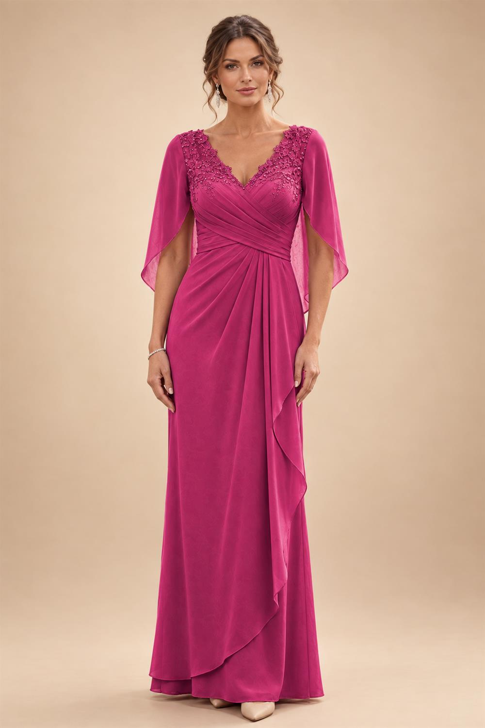 A-Line Chiffon Cape Sleeves Floor-Length Mother of the Bride & Groom Dresses with Ruched Waist (SHI22500705)