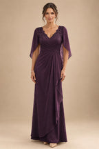 A-Line Chiffon Cape Sleeves Floor-Length Mother of the Bride & Groom Dresses with Ruched Waist (SHI22500705)