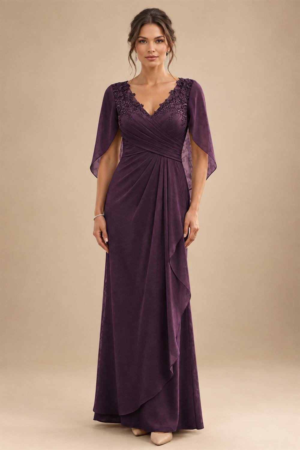 A-Line Chiffon Cape Sleeves Floor-Length Mother of the Bride & Groom Dresses with Ruched Waist (SHI22500705)