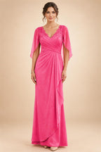 A-Line Chiffon Cape Sleeves Floor-Length Mother of the Bride & Groom Dresses with Ruched Waist (SHI22500705)