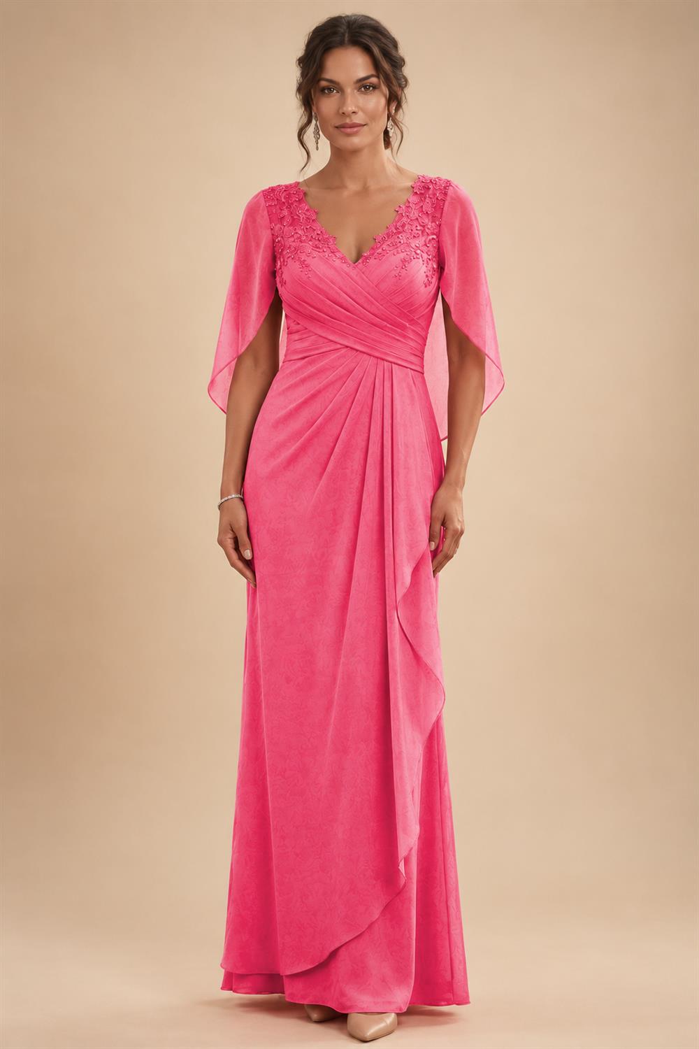 A-Line Chiffon Cape Sleeves Floor-Length Mother of the Bride & Groom Dresses with Ruched Waist (SHI22500705)